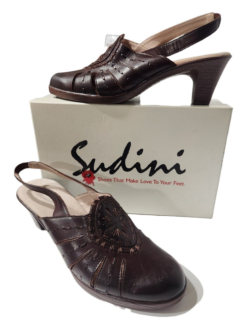 NEW Sudini Dark Brown Leather Slingback Heels with Decorative Cutouts Size 10W